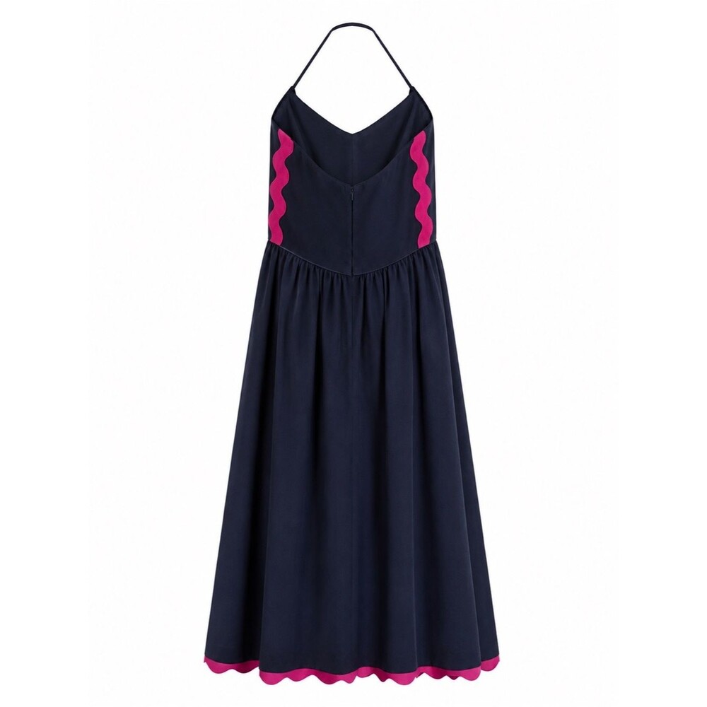 Rare Vintage Betsey Johnson Linen Dress 90’s Midi Halter Navy Blue Made in USA - Picture 2 of 10
